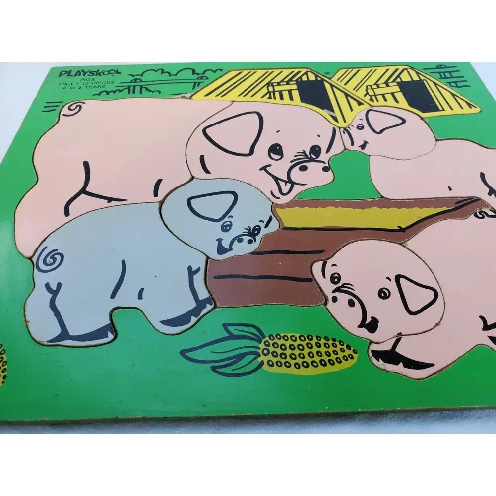 Vintage Wooden Tray Puzzle PIGS Farm Pigs at Trough Playskool 1970's 12 Pieces